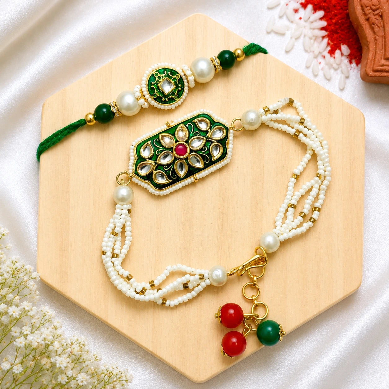 Green Kundan Bhai Bhabhi Rakhi Set with Pearl Lumba for Raksha Bandhan
