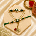 Handmade Green Enamel Kundan Bhai Bhabhi Rakhi Set with pearl detailing and designer Lumba Rakhi by Kashika JewelCrafts
