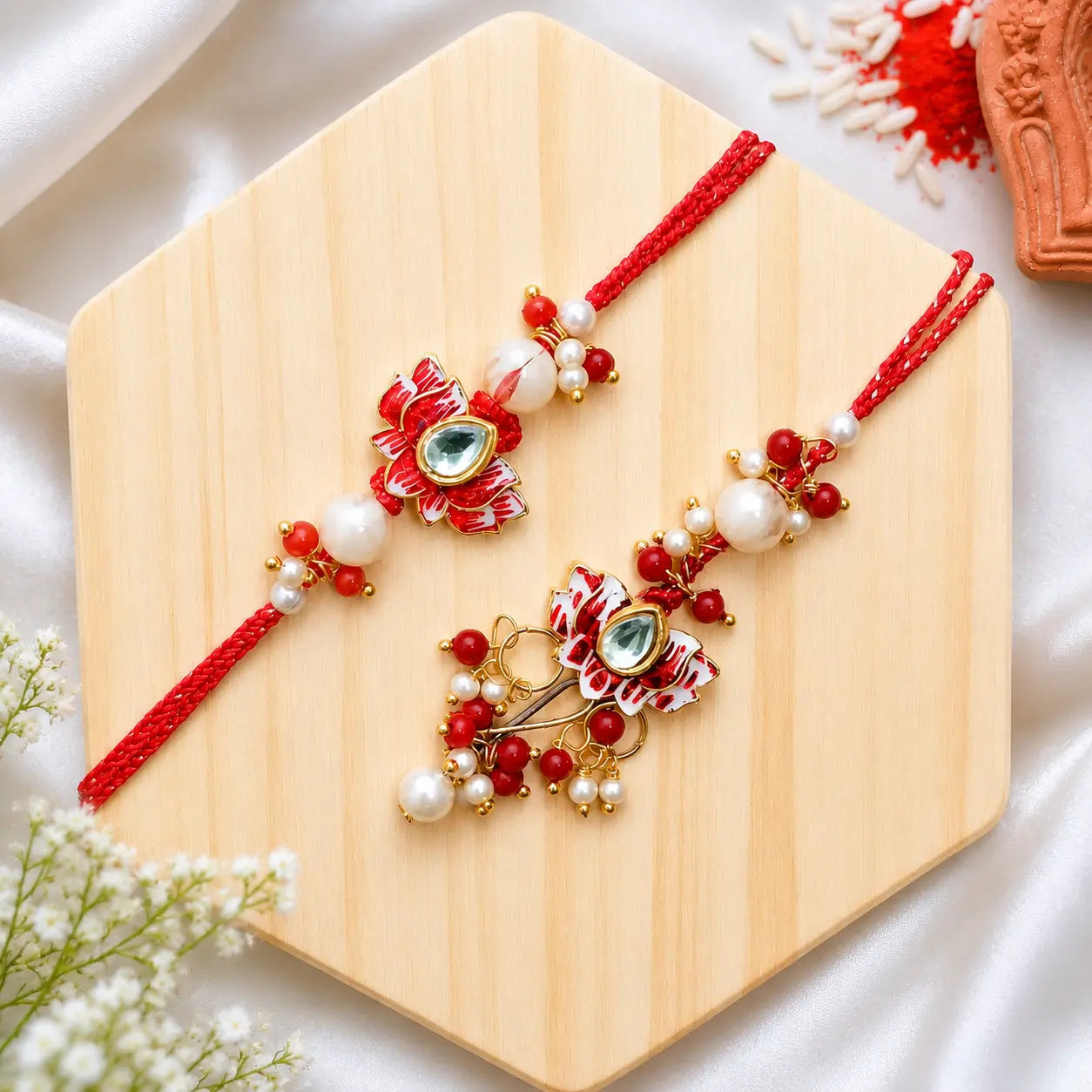 Handcrafted Lotus Kundan Rakhi Set with Pearl & Red Beads | Premium Designer Rakhi for Brother
