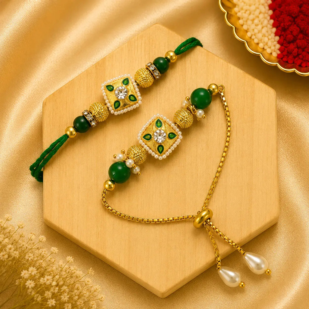 Handmade Emerald Square Kundan Bhai Bhabhi Rakhi Set featuring a square Kundan centerpiece with green enamel detailing, pearl accents, textured gold beads, and a matching adjustable Lumba bracelet by Kashika JewelCrafts.