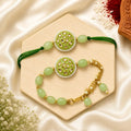 Handmade Green Kundan Bhai Bhabhi Rakhi Set with designer Lumba Rakhi by Kashika JewelCrafts.