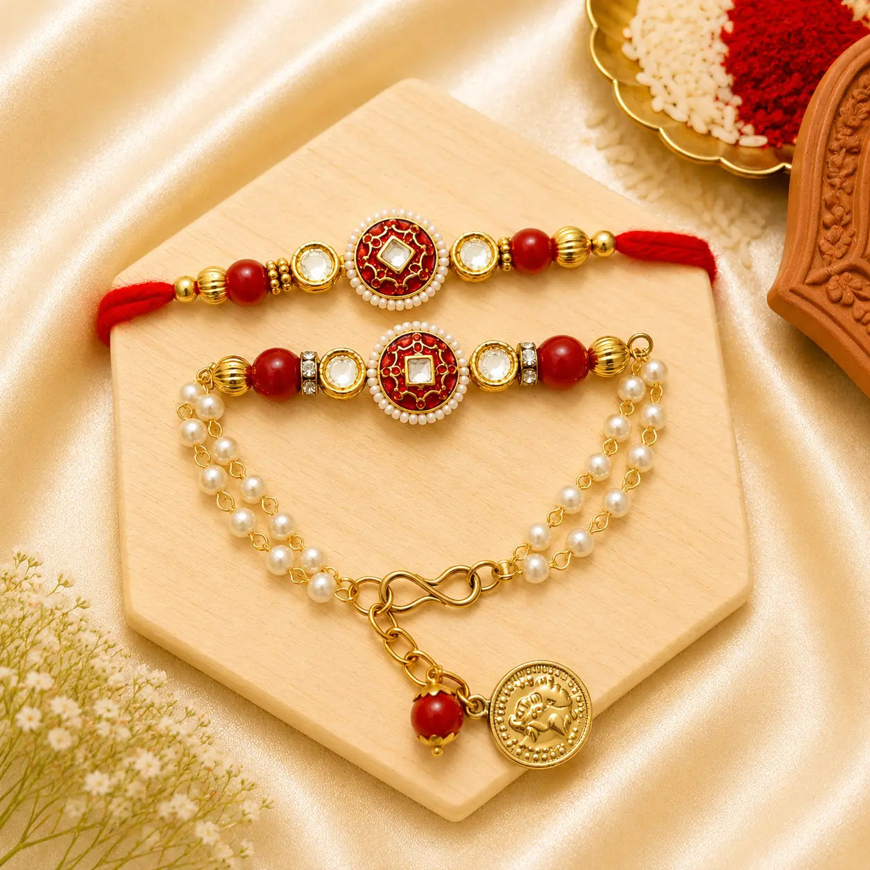 Red Enamel Bhai Bhabhi Rakhi Set