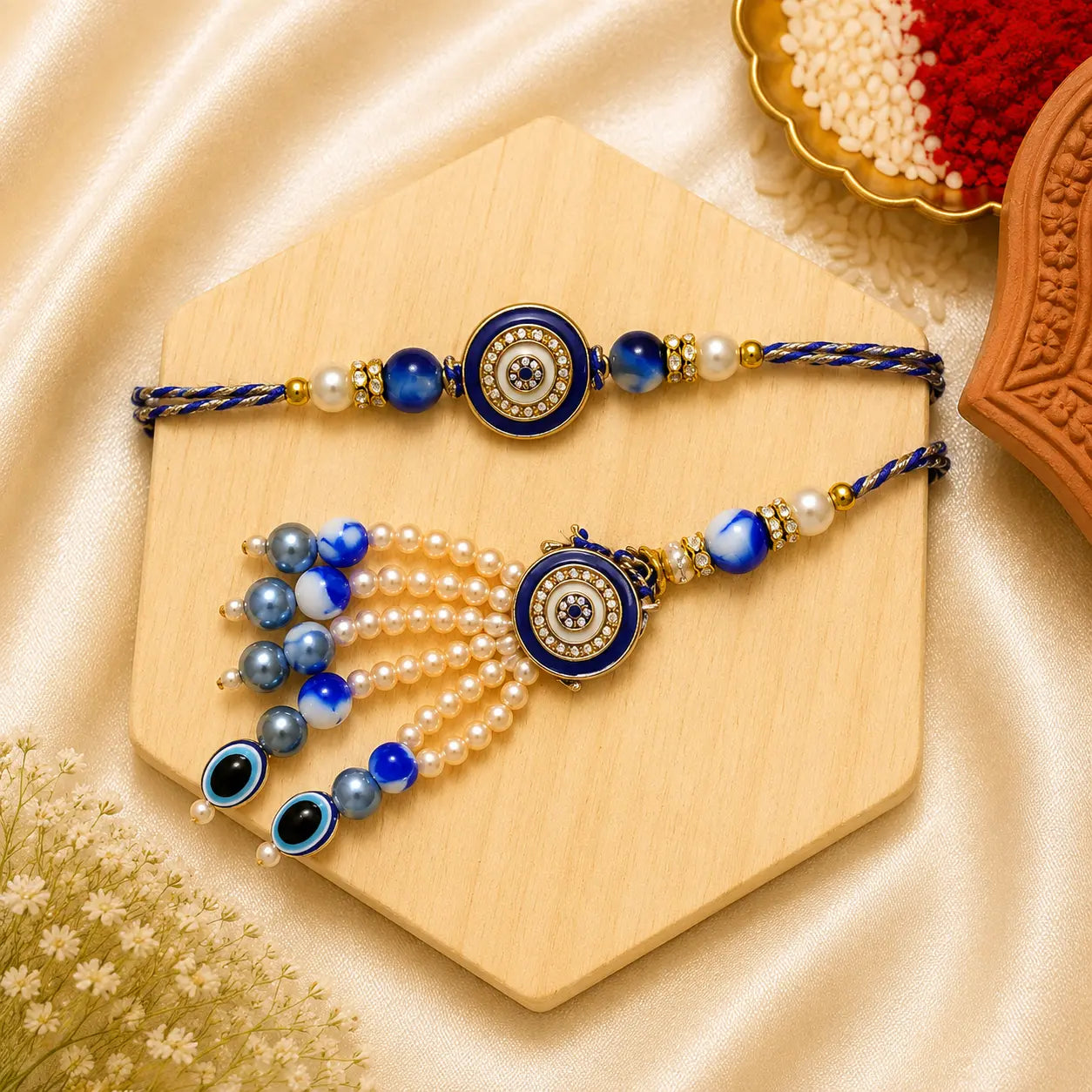 Blue Evil Eye Bhai Bhabhi Rakhi Set
