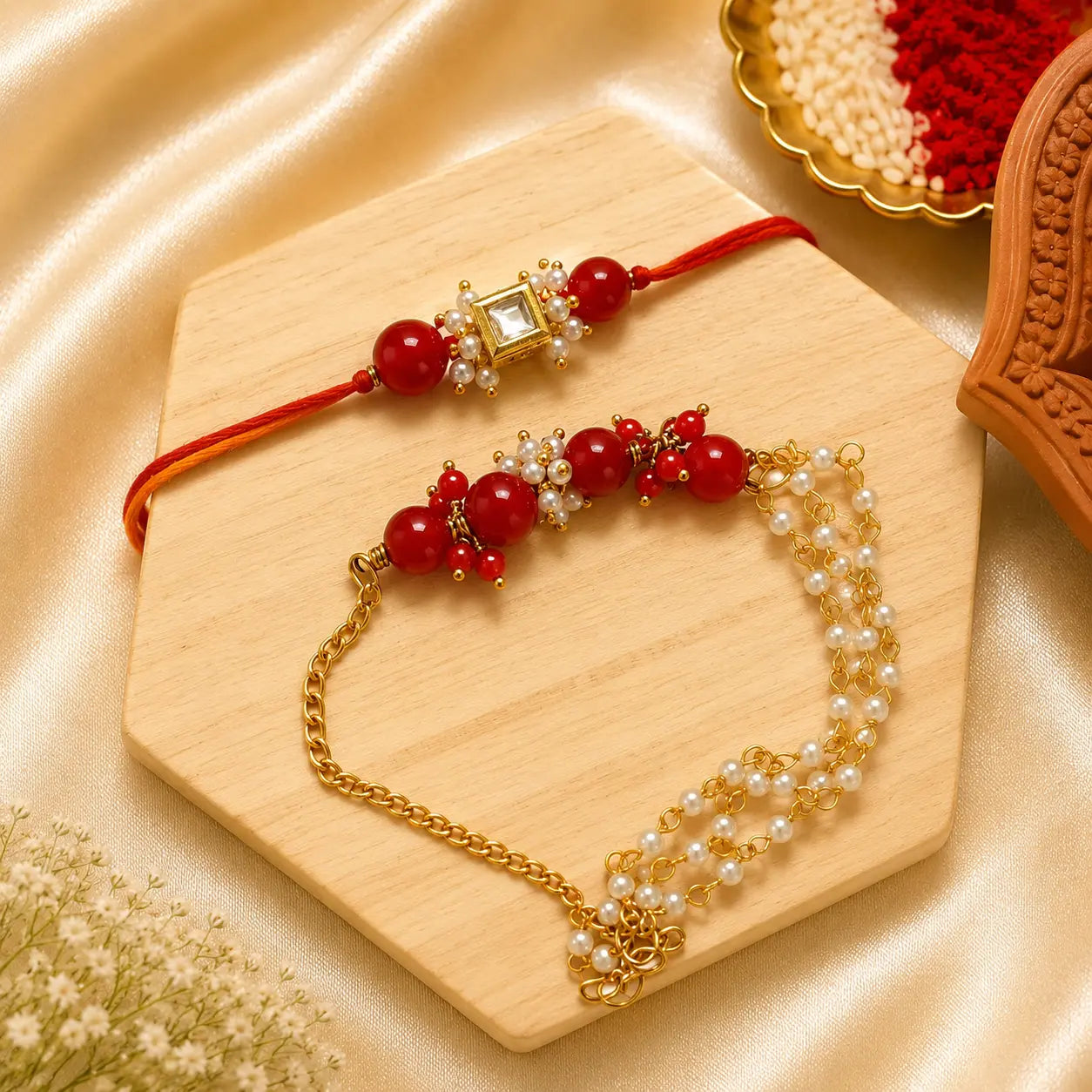 Red Pearl Bhai Bhabhi Rakhi Set