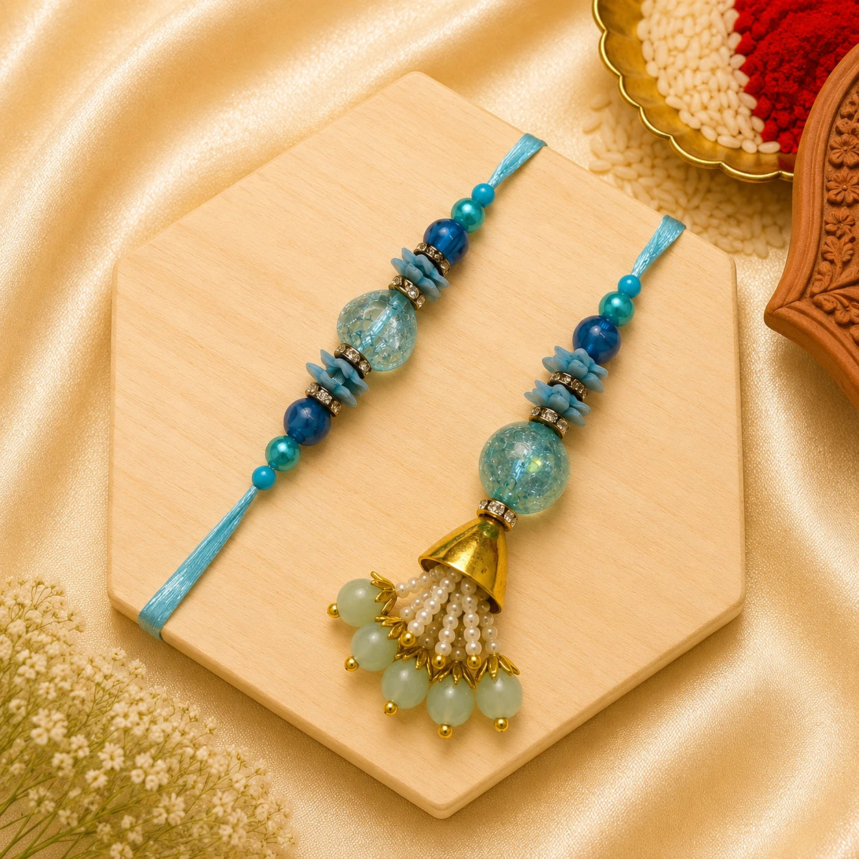 Sky Blue Pearl Bhai Bhabhi Rakhi Set