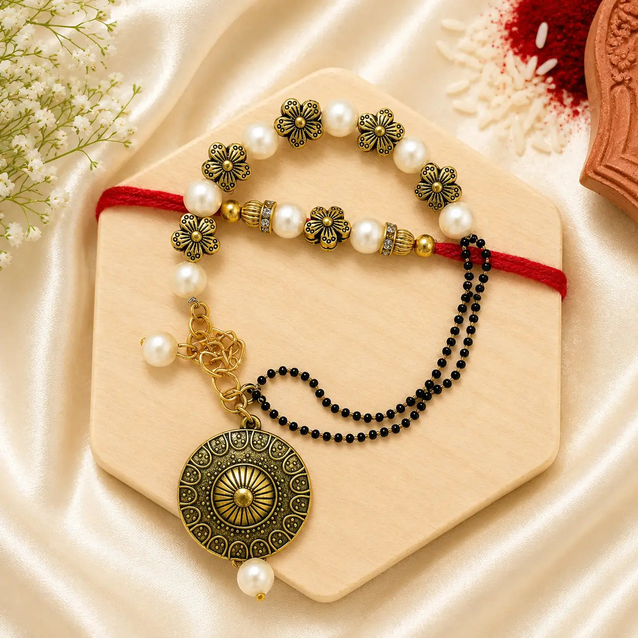 Handmade Pearl Floral Bhai Bhabhi Rakhi Set with antique floral charms, pearl detailing, and designer Lumba Rakhi by Kashika JewelCrafts.