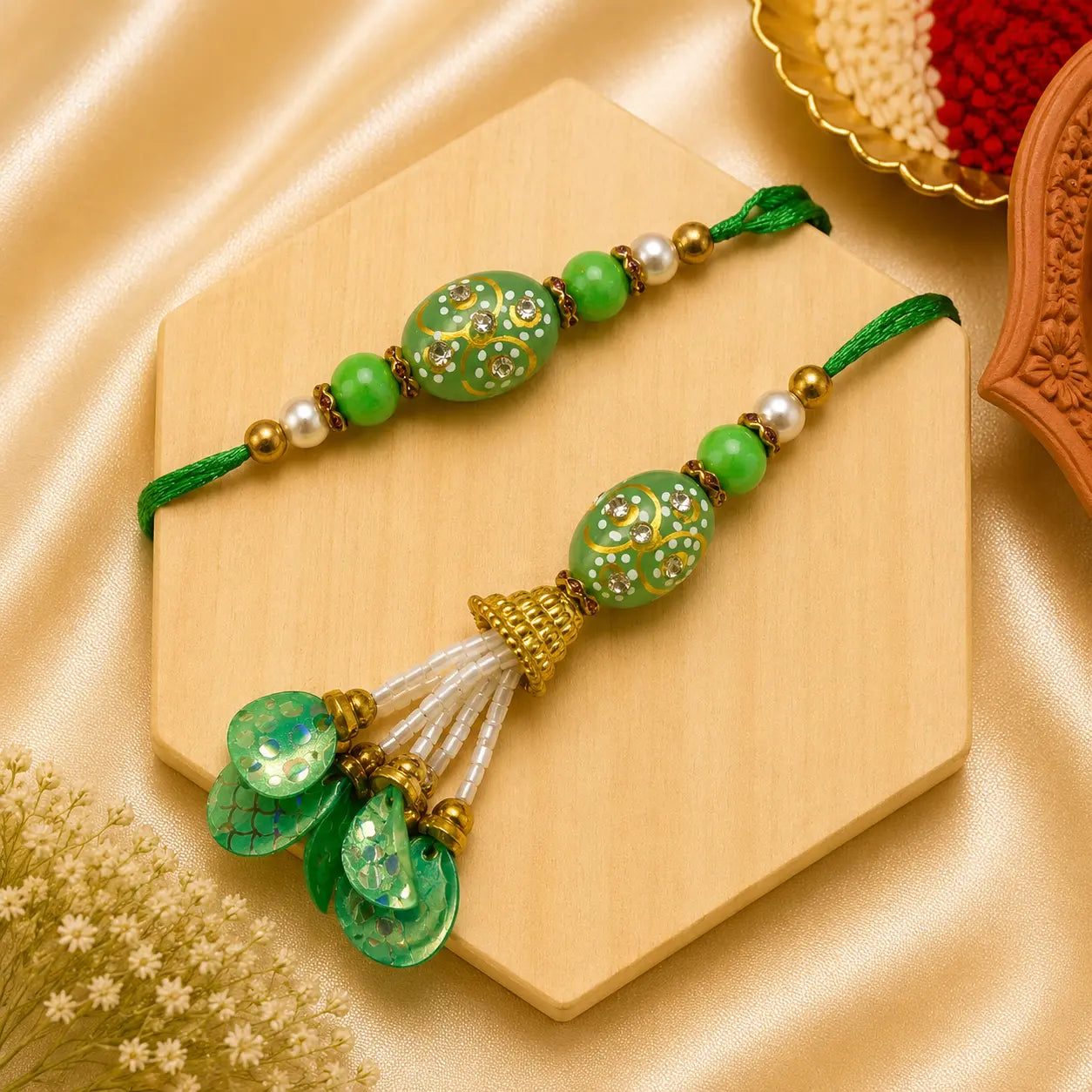 Handmade Green Pearl Tassel Bhai Bhabhi Rakhi Set with designer green beads, crystal detailing, pearl accents, and tassel Lumba by Kashika JewelCrafts.