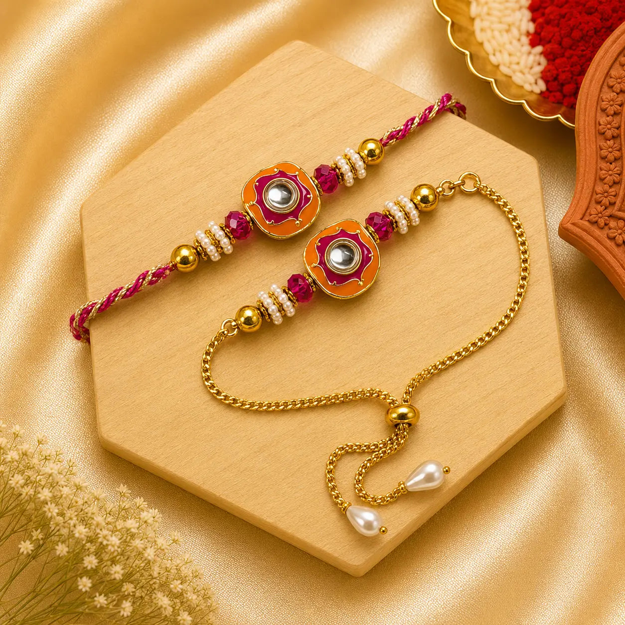 Handmade Pink Kundan Bhai Bhabhi Rakhi Set featuring a pink and orange Kundan rakhi with crystal beads, pearl accents, and an adjustable bracelet by Kashika JewelCrafts.