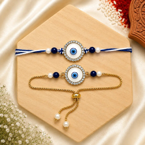 Handmade Blue AD Evil Eye Bhai Bhabhi Rakhi Set with designer Lumba Rakhi by Kashika JewelCrafts