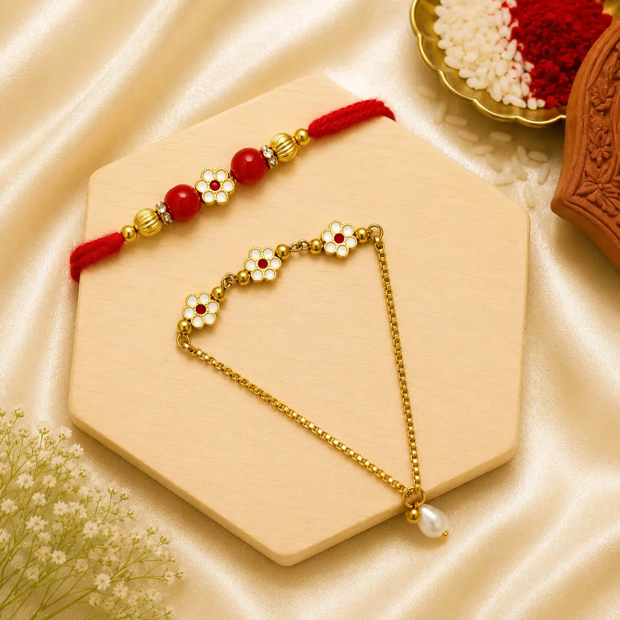 Red Floral Bhai Bhabhi Rakhi Set
