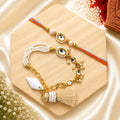 Handmade White Pearl Kundan Bhai Bhabhi Rakhi Set with designer pearl lumba and tassel for Raksha Bandhan by Kashika JewelCrafts