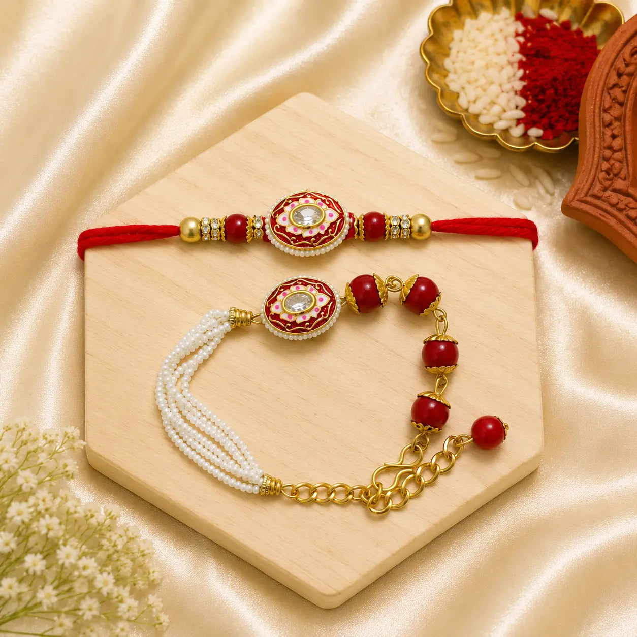 Handmade Red Enamel Kundan Bhai Bhabhi Rakhi Set with pearl strands, red beads, and designer Lumba Rakhi by Kashika JewelCrafts