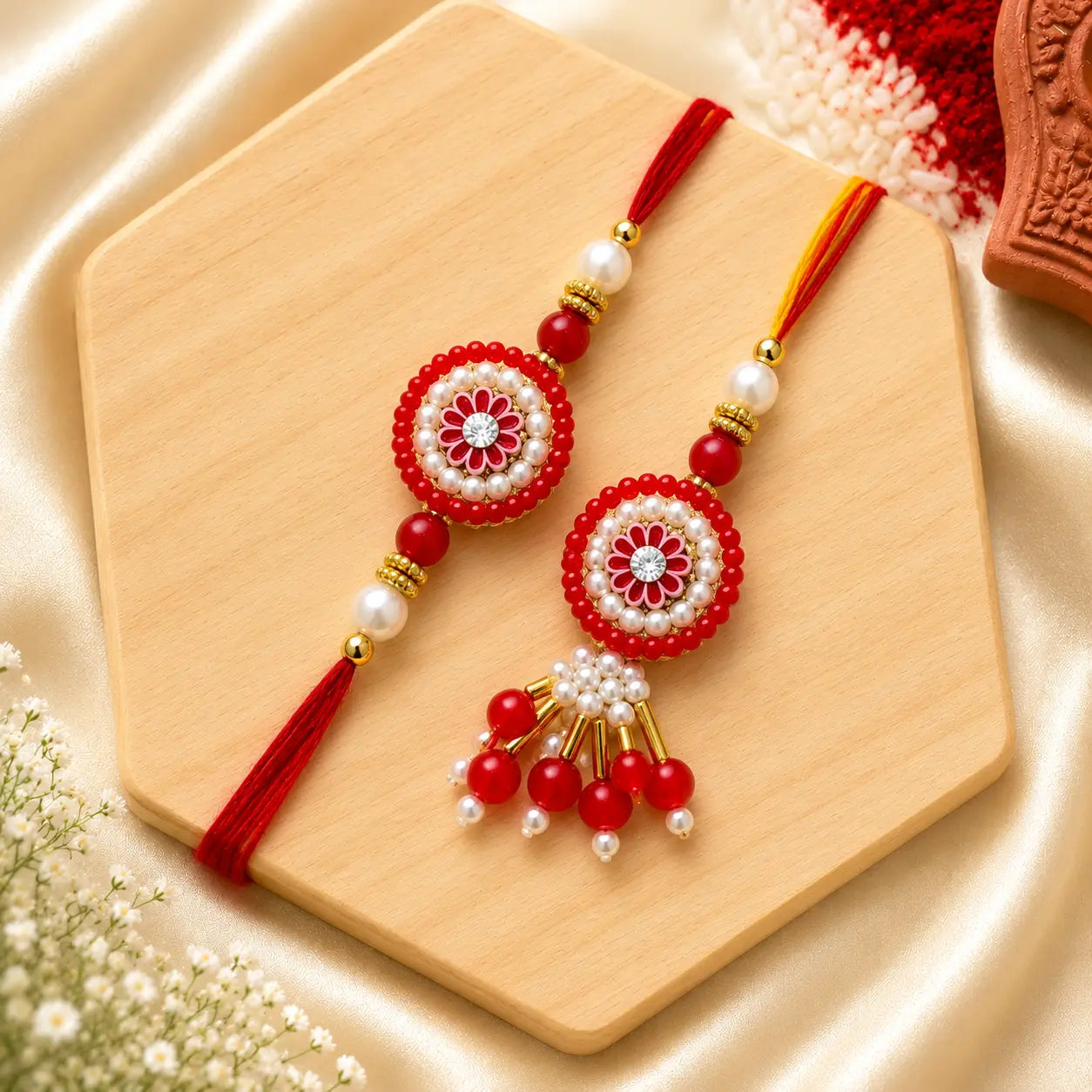Handmade Red Floral Bhai Bhabhi Rakhi Set with pearl detailing and designer Lumba Rakhi by Kashika JewelCrafts