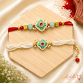 Handmade Kundan & Pearl Bhai Bhabhi Rakhi Set with designer Lumba Rakhi by Kashika JewelCrafts.