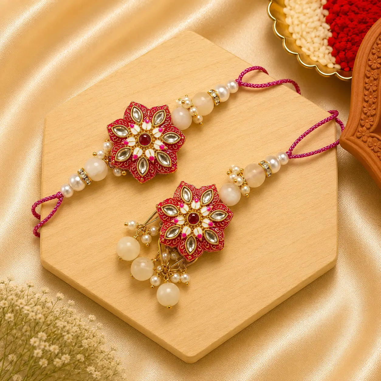 Handmade Pink Floral Kundan Bhai Bhabhi Rakhi Set with pearl accents, blush pink beads, and matching designer Lumba Rakhi by Kashika JewelCrafts.