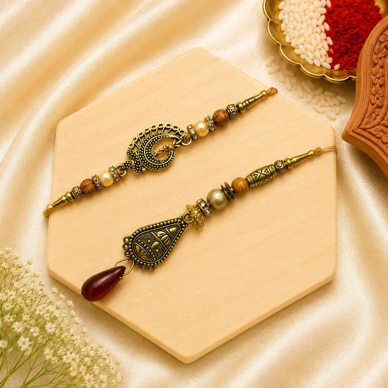 Antique Peacock Bhai Bhabhi Rakhi Set