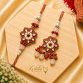 Red Floral Kundan Bhai Bhabhi Rakhi Set with Designer Lumba