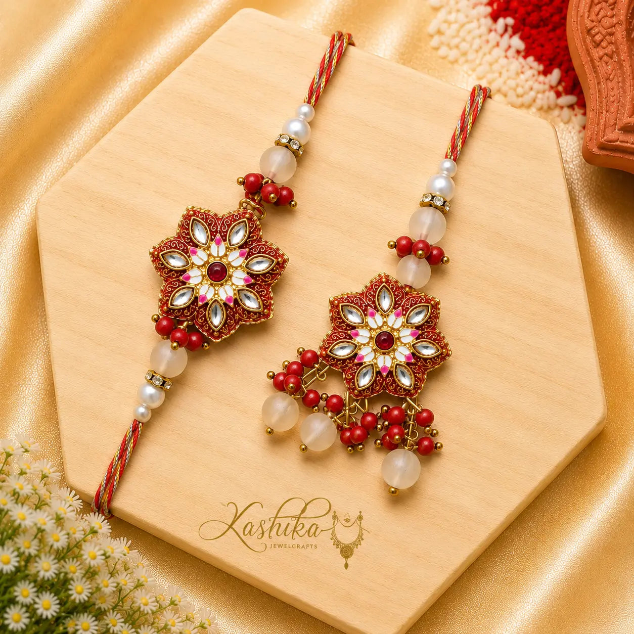 Red Floral Kundan Bhai Bhabhi Rakhi Set with Designer Lumba