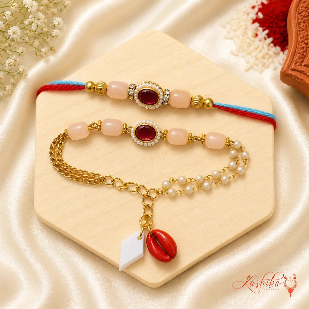 Handmade Peach Kundan Bhai Bhabhi Rakhi Set with oval Kundan centerpiece, pearl detailing, and designer Lumba Rakhi by Kashika JewelCrafts.