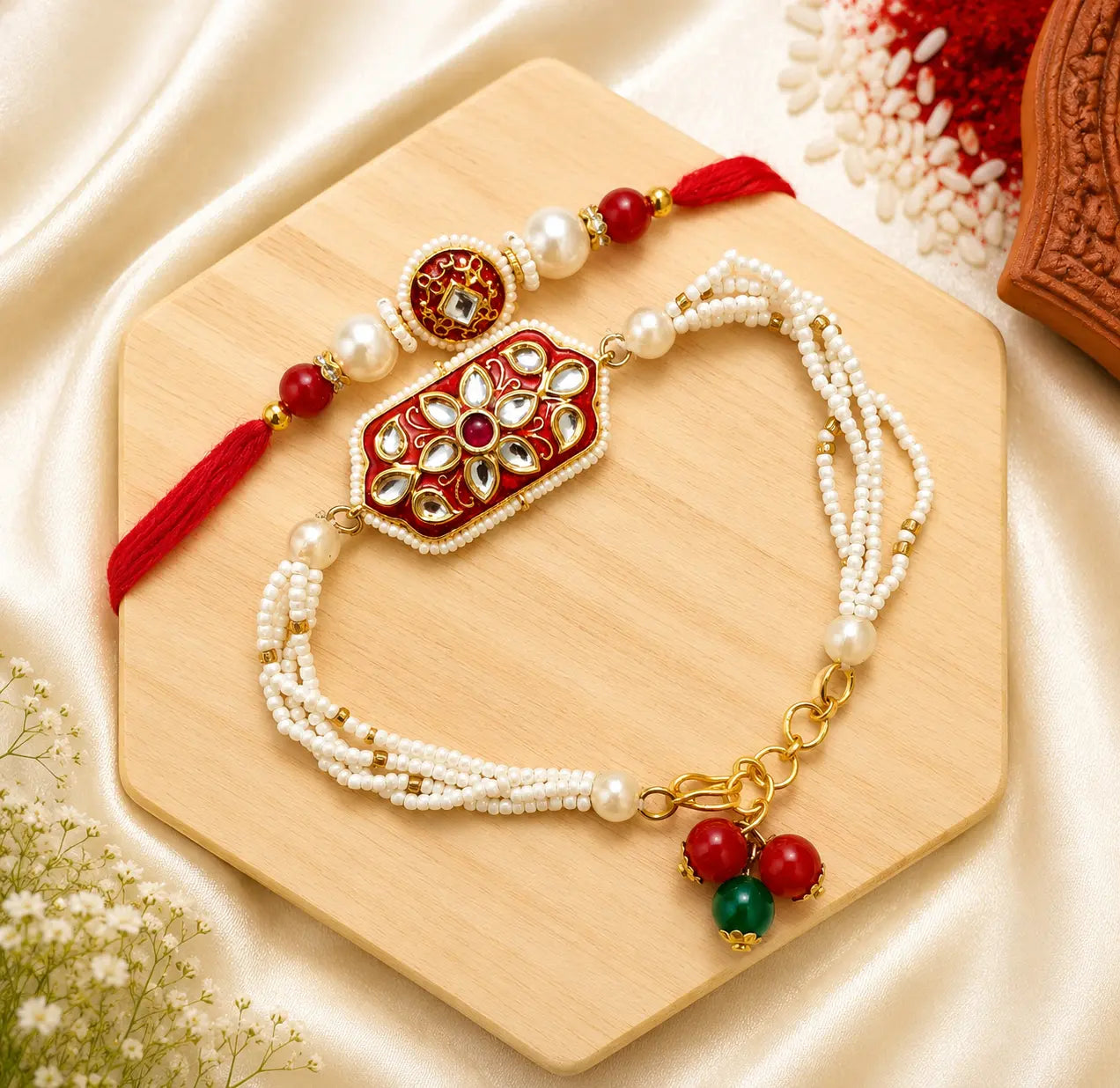 Handmade Red & White Kundan Couple Rakhi Set featuring a traditional rakhi for brother and a re-wearable bracelet for sister-in-law by Kashika JewelCrafts.
