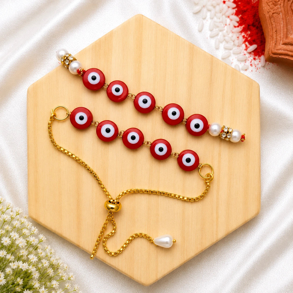 Red Evil Eye Bhai Bhabhi Rakhi Set | Adjustable Designer Rakhi