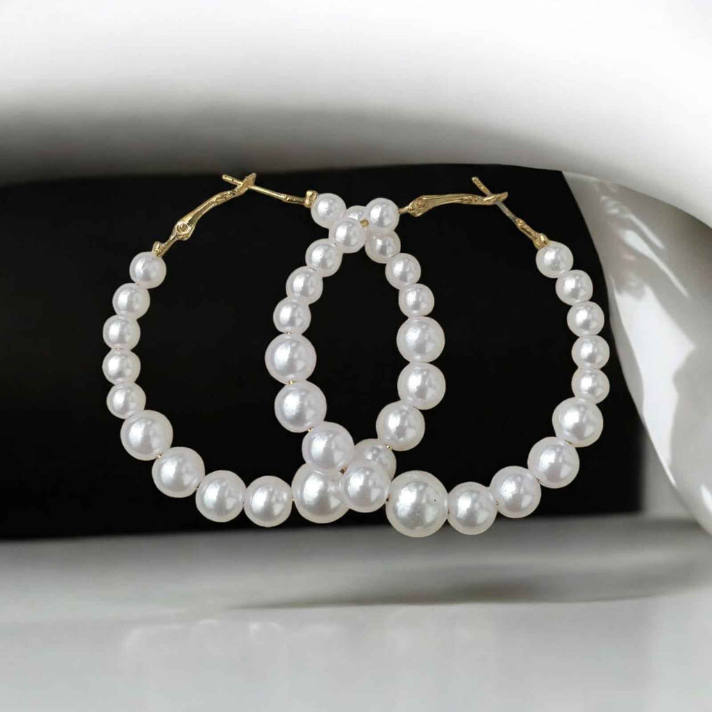 Stylish white pearl hoop earrings - Kashika JewelCrafts