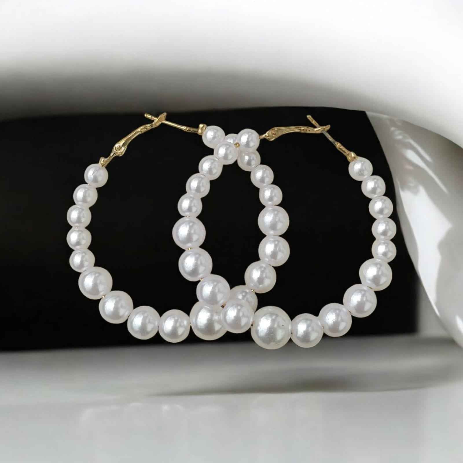 Stylish white pearl hoop earrings - Kashika JewelCrafts