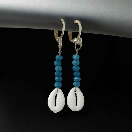 Blue beaded cowrie shell western earrings - Kashika JewelCrafts