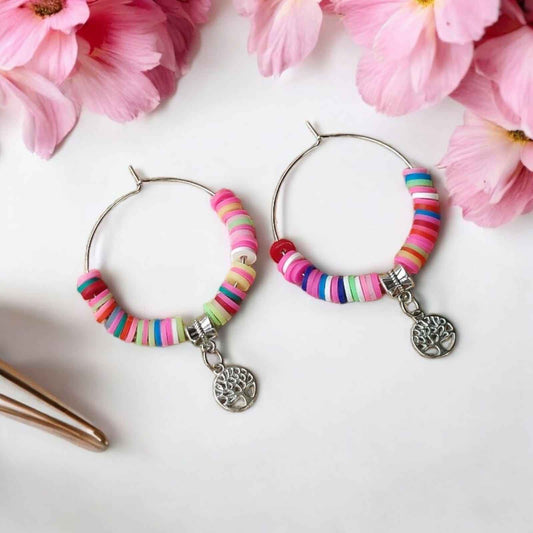 Hoop earrings with colorful beads and charm of peace - Kashika JewelCrafts