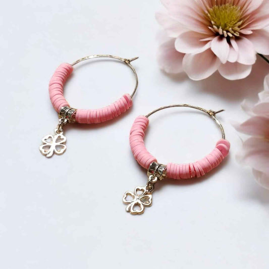 Hoop earrings with pink beads and charm - Kashika JewelCrafts