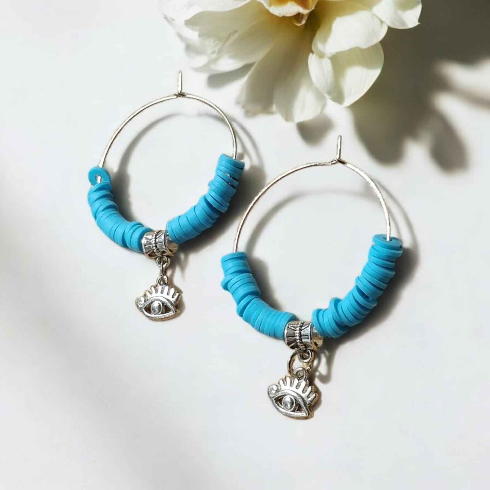 Hoop earrings with blue beads and charm of evil eye - Kashika JewelCrafts