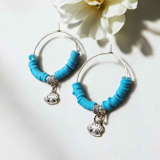 Hoop earrings with blue beads and charm of evil eye - Kashika JewelCrafts