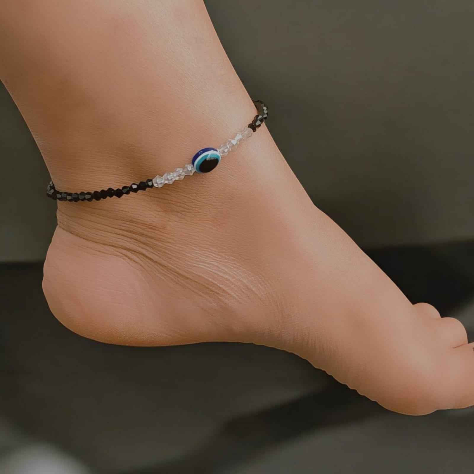 Black and white beads anklet with evil eye bead - Kashika JewelCrafts