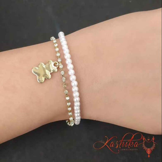 Rhinestone and pearl beaded bracelet with teddy bear charm - Kashika JewelCrafts