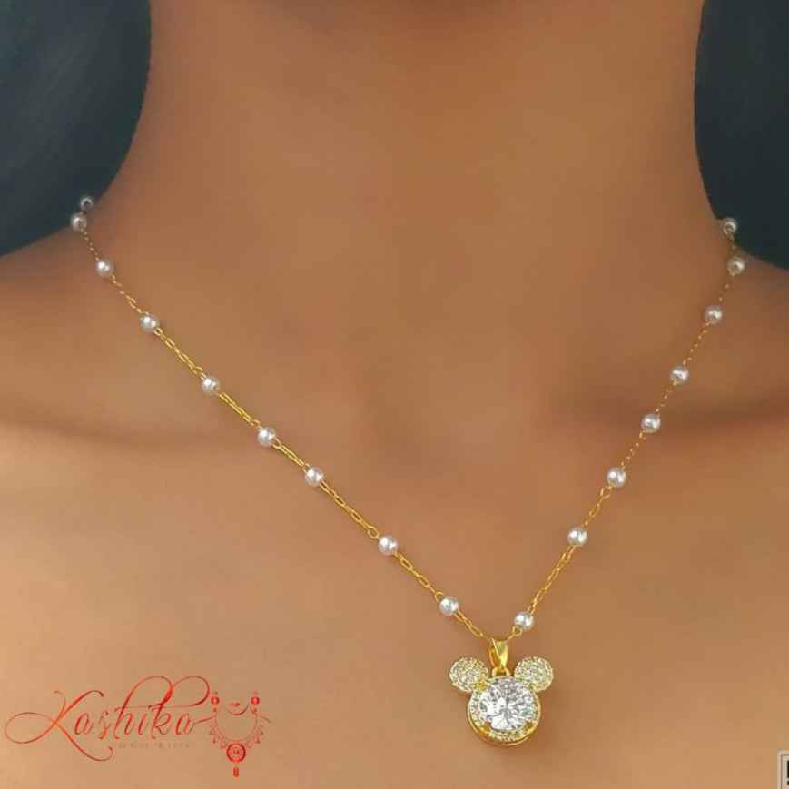 Golden and pearl necklace with mickey mouse's head pendant - Kashika JewelCrafts