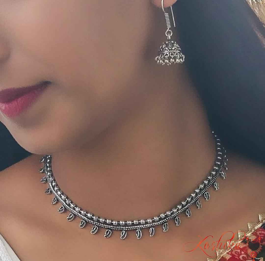 Oxidised silver brass minimal necklace set - Kashika JewelCrafts