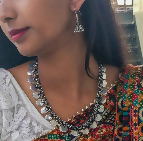 Oxidised coin long set - Kashika JewelCrafts