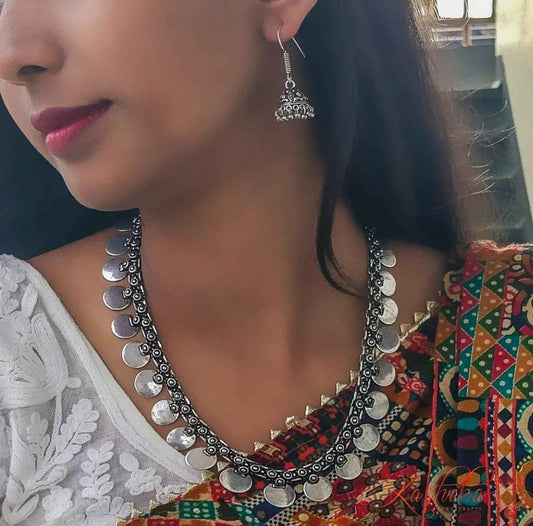 Oxidised coin long set - Kashika JewelCrafts
