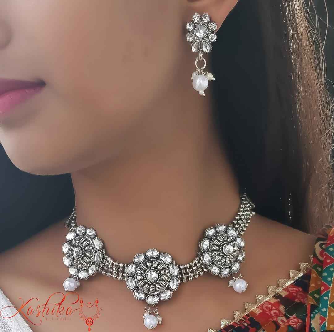Kundan pearl oxidised chokar set - Kashika JewelCrafts