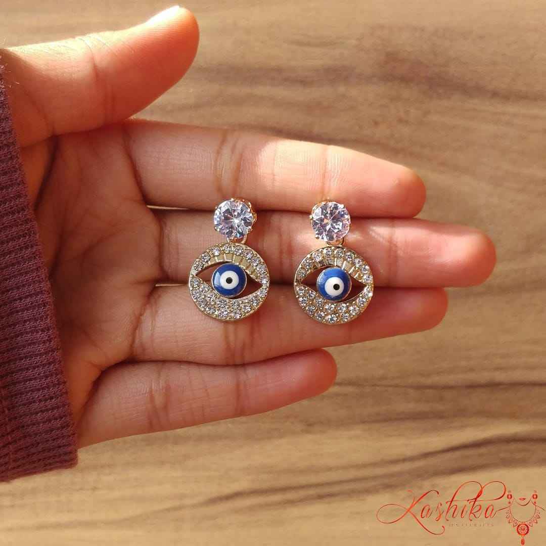 White and golden stone evil eye earrings - Kashika JewelCrafts