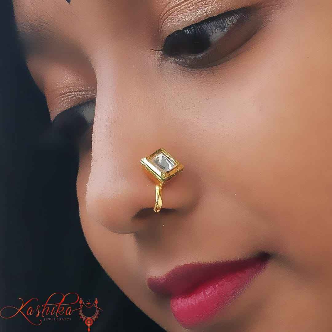 Diamond shape single kundan stone Nose Pin - Kashika JewelCrafts
