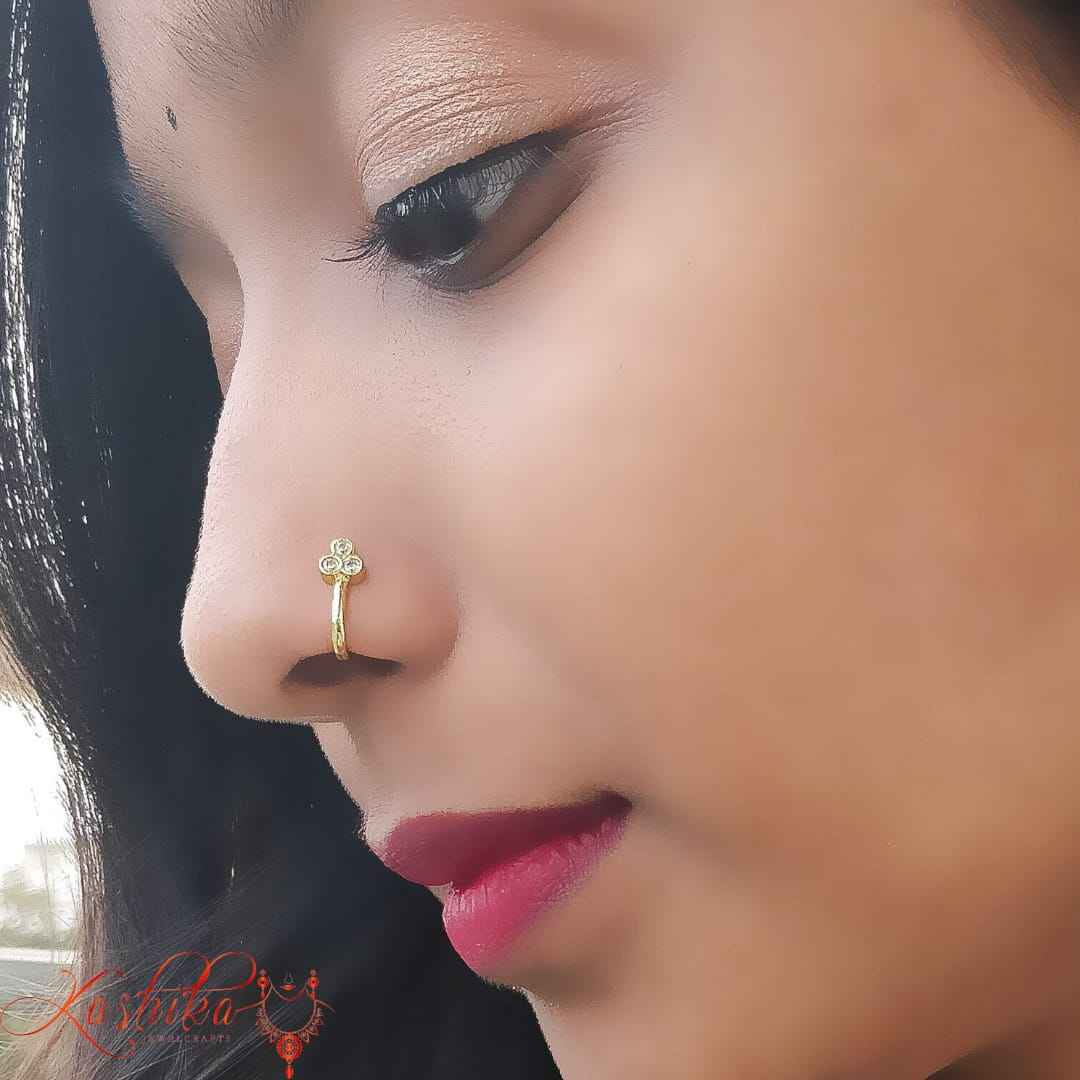White stone, golden minimal Nose Pin - Kashika JewelCrafts