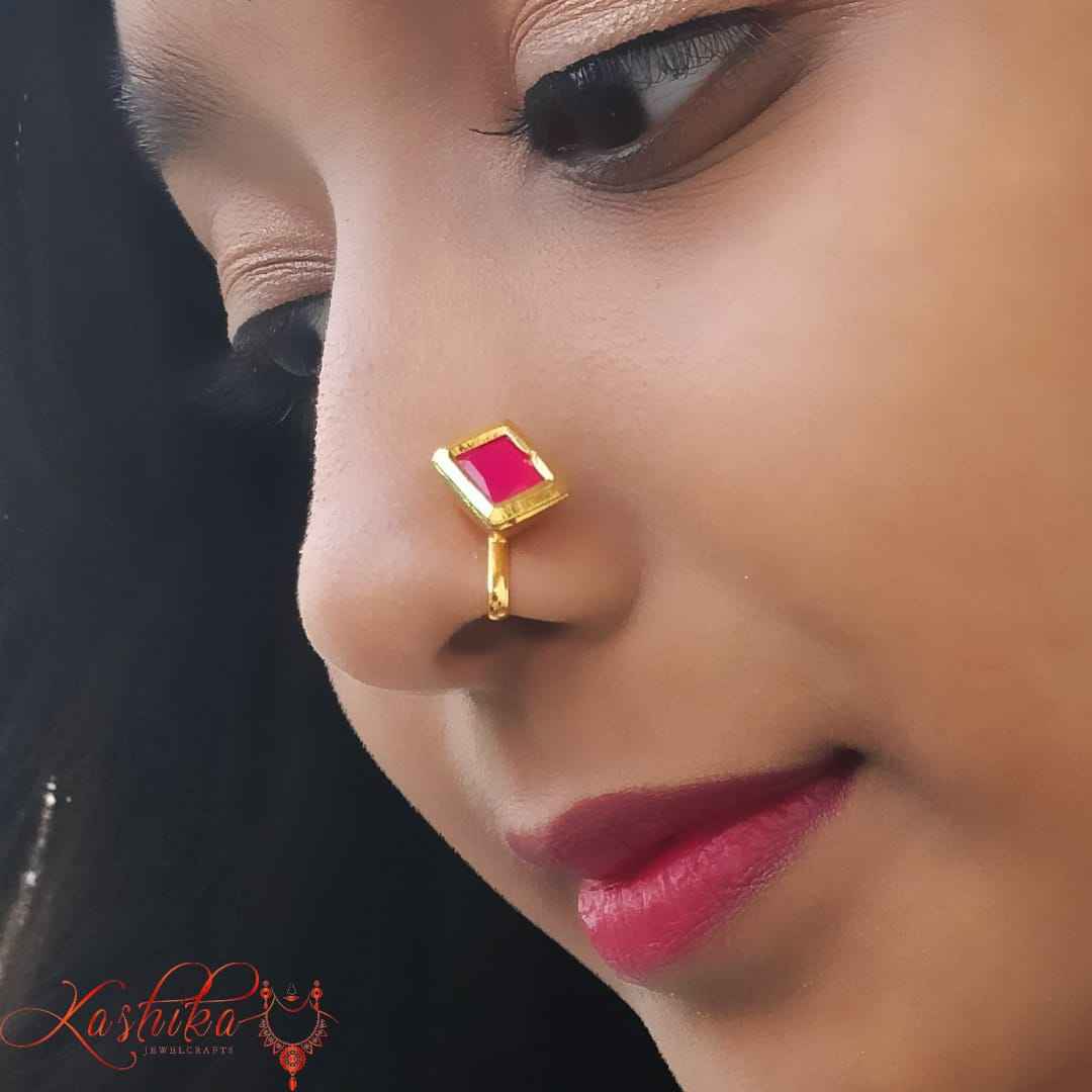 Rectangular single red kundan Nose Pin - Kashika JewelCrafts