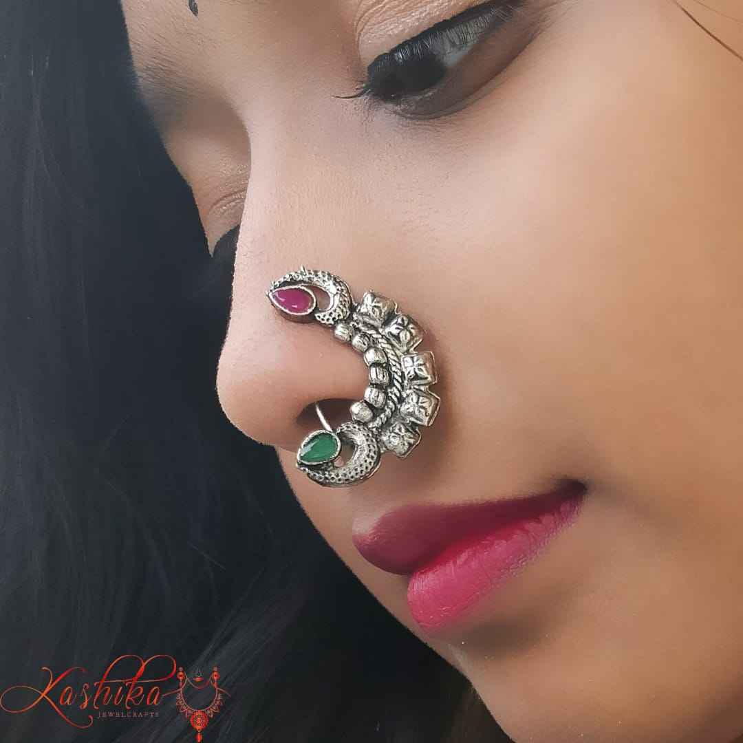 Stone studded oxidised Nose Pin with red and green kundan - Kashika JewelCrafts