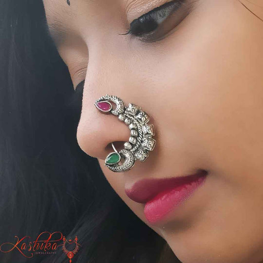 Stone studded oxidised Nose Pin with red and green kundan - Kashika JewelCrafts