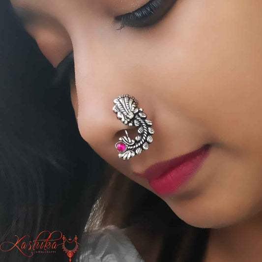 oxidised Nose Pin with red stone - Kashika JewelCrafts