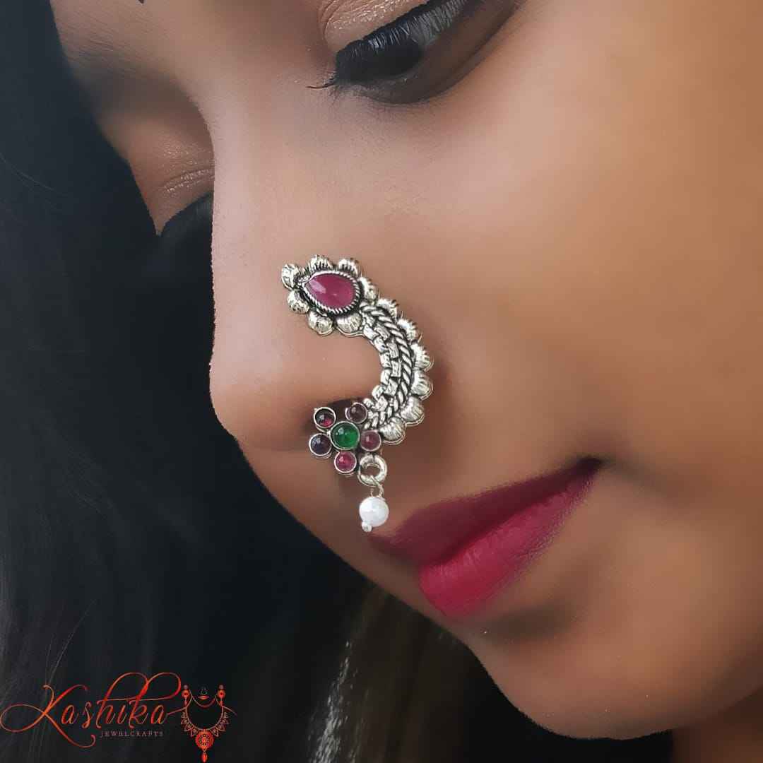 oxidised Nose Pin with Red, green kundan and pearl charm - Kashika JewelCrafts