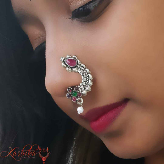 oxidised Nose Pin with Red, green kundan and pearl charm - Kashika JewelCrafts
