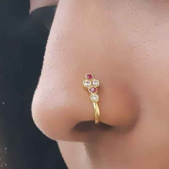 White and red stone,golden minimal Nose Pin - Kashika JewelCrafts