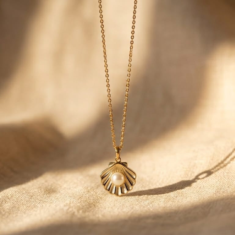 Gold necklace with a shell pendant on a beige fabric background